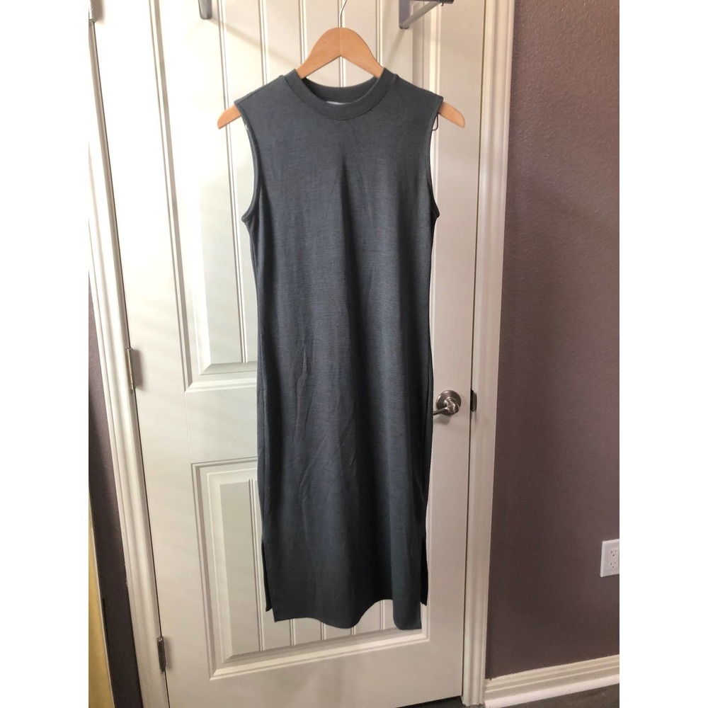 NEW Prologue Knit Midi Dress Crew Neck Shift Bodycon Sheath Tunic  Blue Grey XS